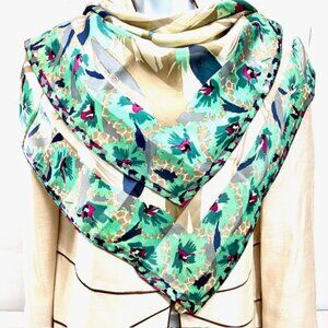 EMANUEL UNGARO 100% Silk Satin  scarf  34"x34" TealBlue brown beige floral(34)